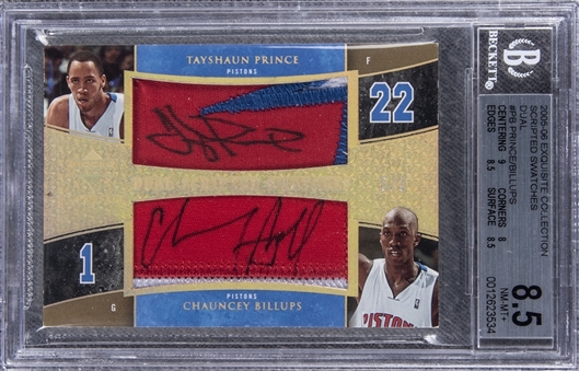 2005-06 UD "Exquisite Collection" Scripted Swatches Dual #PB Tayshaun Prince/Chauncey Billups Dual Signed Game Used Patch Card (#5/5) – BGS NM-MT+ 8.5/BGS 9